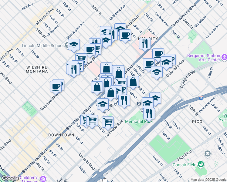 map of restaurants, bars, coffee shops, grocery stores, and more near 1432 15th Court in Santa Monica