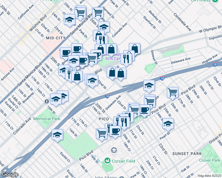 map of restaurants, bars, coffee shops, grocery stores, and more near 2200 Michigan Avenue in Santa Monica
