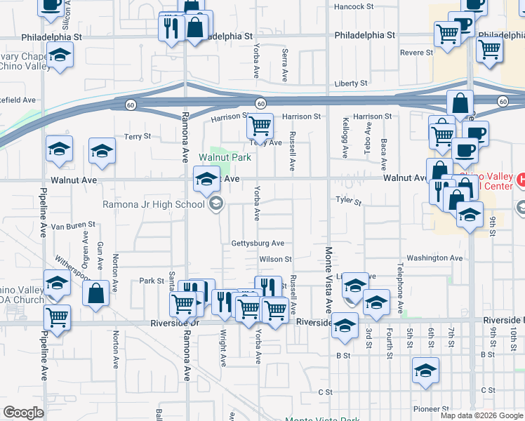 map of restaurants, bars, coffee shops, grocery stores, and more near 12585 Yorba Avenue in Chino
