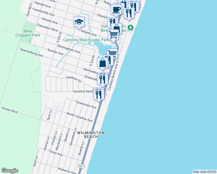 map of restaurants, bars, coffee shops, grocery stores, and more near 1009-A Lake Park Boulevard South in Carolina Beach