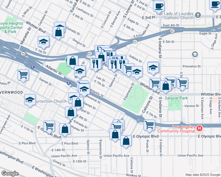 map of restaurants, bars, coffee shops, grocery stores, and more near 3476 East 7th Street in Los Angeles