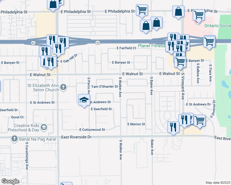 map of restaurants, bars, coffee shops, grocery stores, and more near 2713 South Lassen Avenue in Ontario