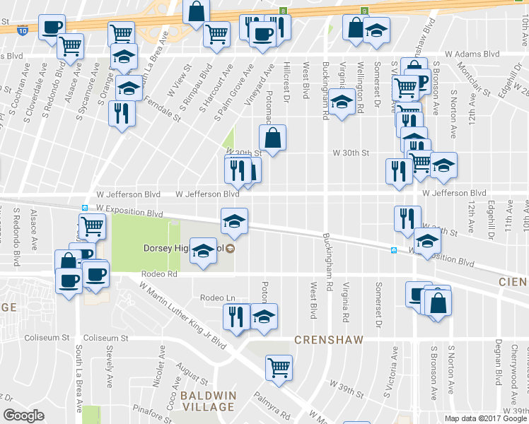 map of restaurants, bars, coffee shops, grocery stores, and more near 3429 Potomac Avenue in Los Angeles