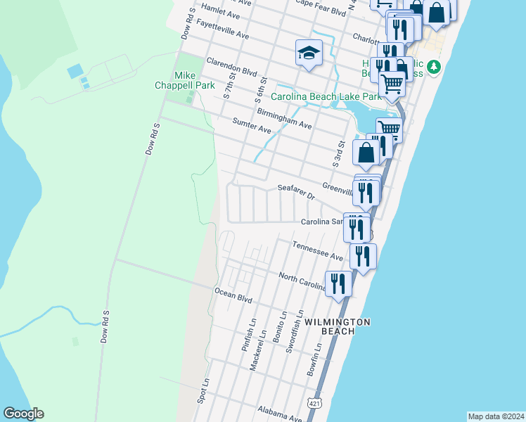 map of restaurants, bars, coffee shops, grocery stores, and more near 921 Salt Water Lane in Carolina Beach