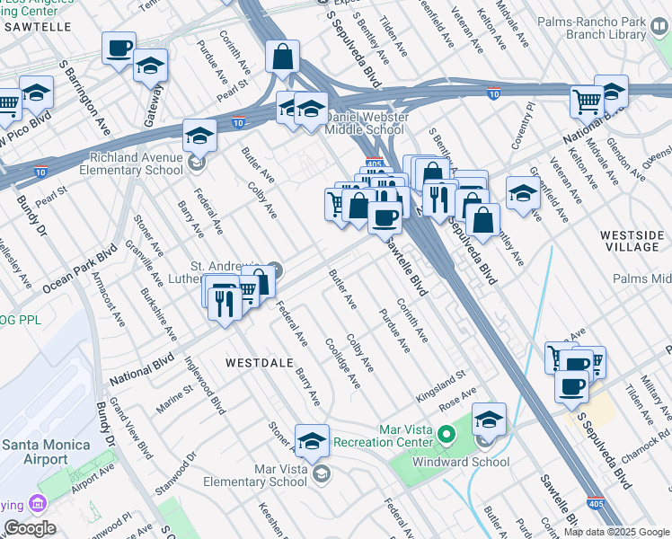 map of restaurants, bars, coffee shops, grocery stores, and more near 11431 Clover Avenue in Los Angeles