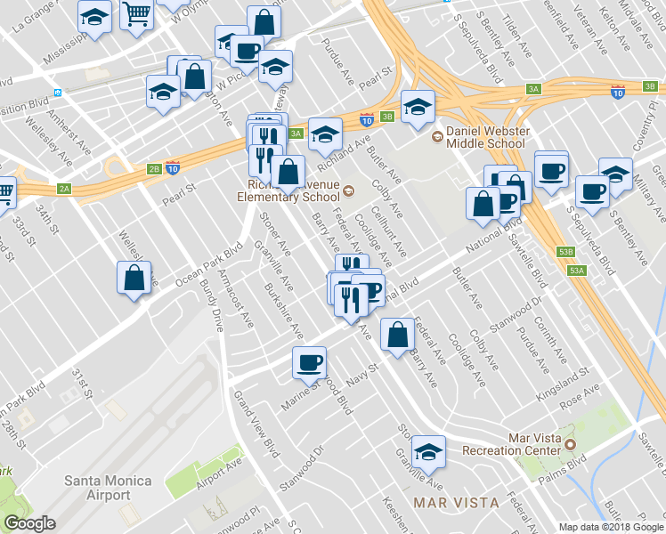 map of restaurants, bars, coffee shops, grocery stores, and more near 2748 S Barrington Ave in Los Angeles