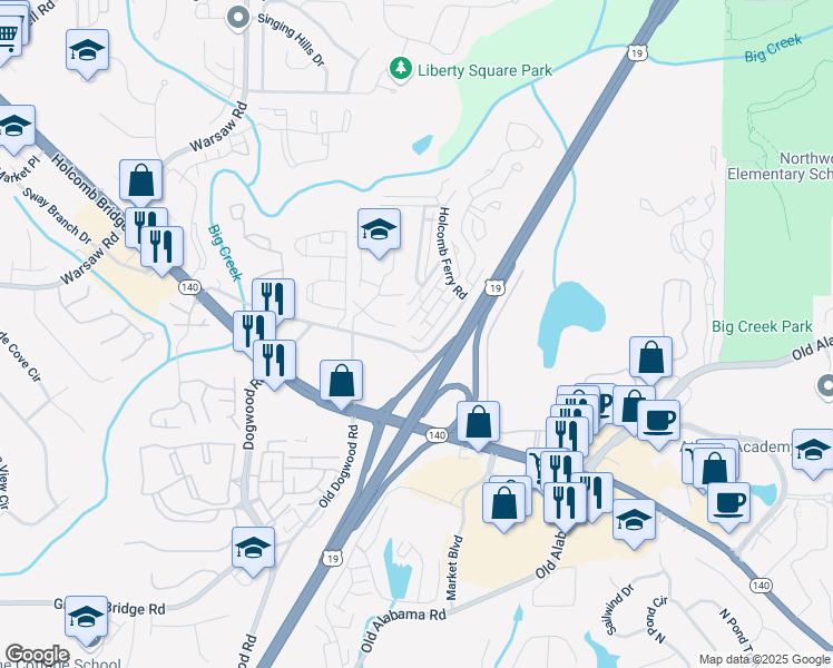 map of restaurants, bars, coffee shops, grocery stores, and more near 142 Old Ferry Way in Roswell