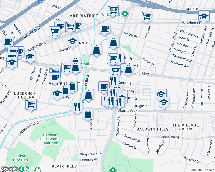 map of restaurants, bars, coffee shops, grocery stores, and more near 3535 South La Cienega Boulevard in Los Angeles