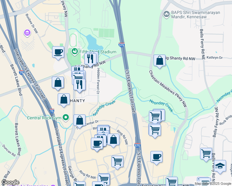 map of restaurants, bars, coffee shops, grocery stores, and more near 3024 Hidden Forest Court in Marietta