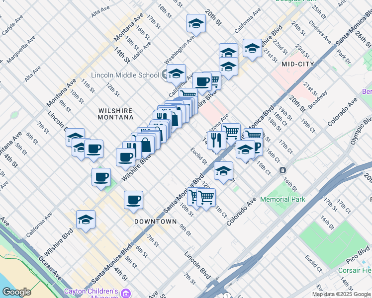 map of restaurants, bars, coffee shops, grocery stores, and more near 1252 Euclid Street in Santa Monica