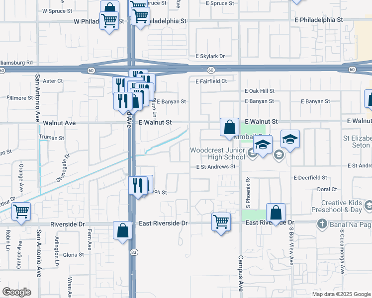 map of restaurants, bars, coffee shops, grocery stores, and more near 2720 South Sultana Avenue in Ontario