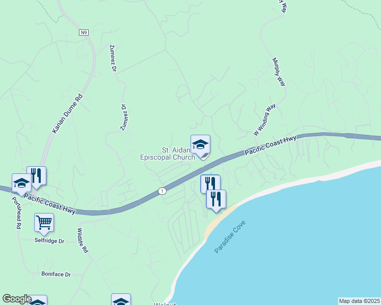 map of restaurants, bars, coffee shops, grocery stores, and more near 28169 Rey De Copas Lane in Malibu