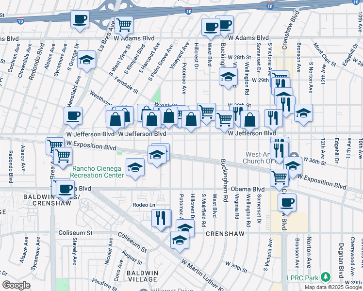 map of restaurants, bars, coffee shops, grocery stores, and more near 3429 Potomac Avenue in Los Angeles