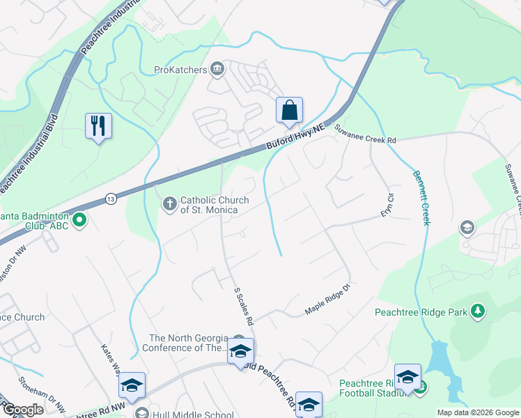 map of restaurants, bars, coffee shops, grocery stores, and more near 1600 Highland Farm Drive in Suwanee