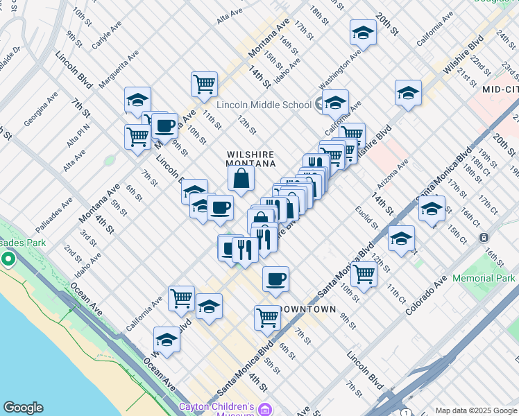 map of restaurants, bars, coffee shops, grocery stores, and more near 930 California Avenue in Santa Monica