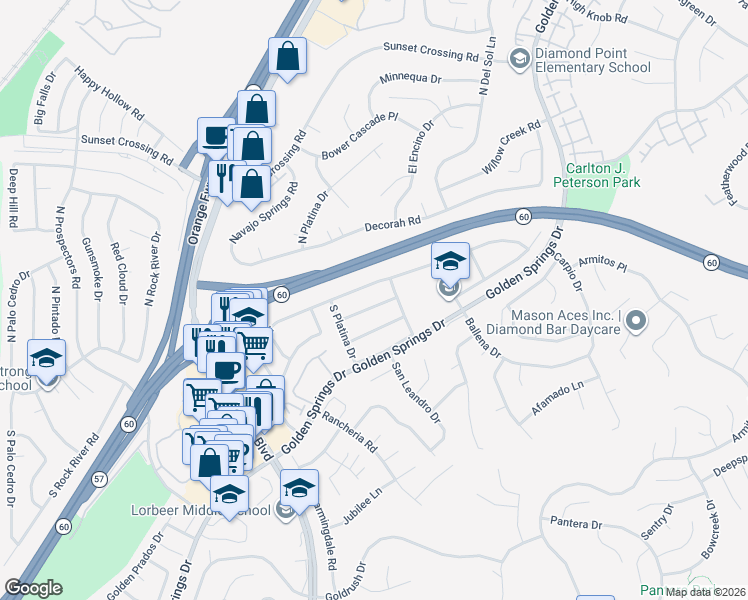 map of restaurants, bars, coffee shops, grocery stores, and more near 23813 Prospect Valley Drive in Pomona