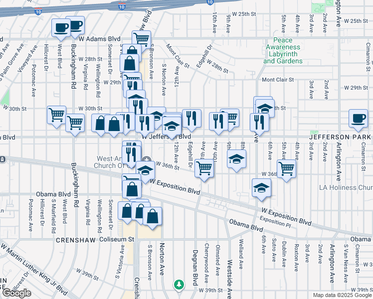 map of restaurants, bars, coffee shops, grocery stores, and more near 3446 Edgehill Drive in Los Angeles