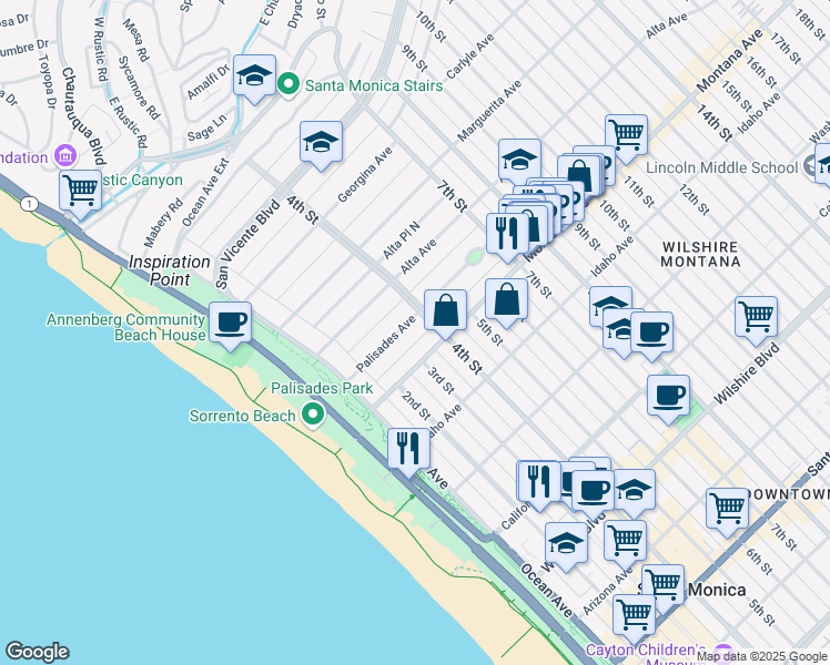 map of restaurants, bars, coffee shops, grocery stores, and more near 314 Palisades Avenue in Santa Monica