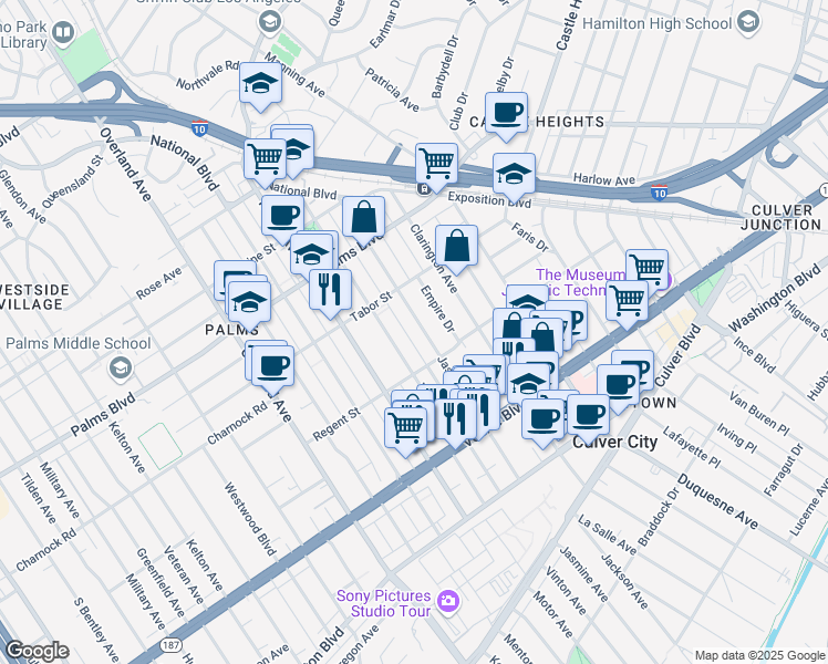 map of restaurants, bars, coffee shops, grocery stores, and more near 3651 Jasmine Avenue in Los Angeles