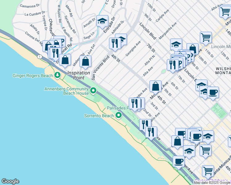map of restaurants, bars, coffee shops, grocery stores, and more near 515 Ocean Avenue in Santa Monica
