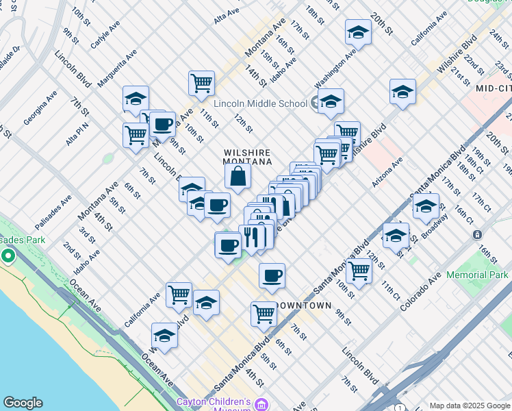 map of restaurants, bars, coffee shops, grocery stores, and more near 930 California Avenue in Santa Monica