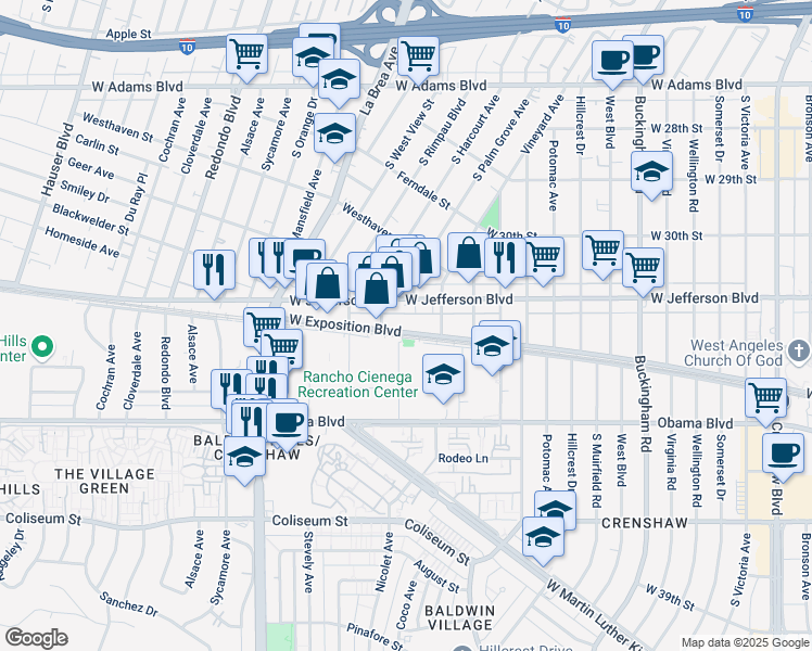 map of restaurants, bars, coffee shops, grocery stores, and more near 4841 West Exposition Boulevard in Los Angeles