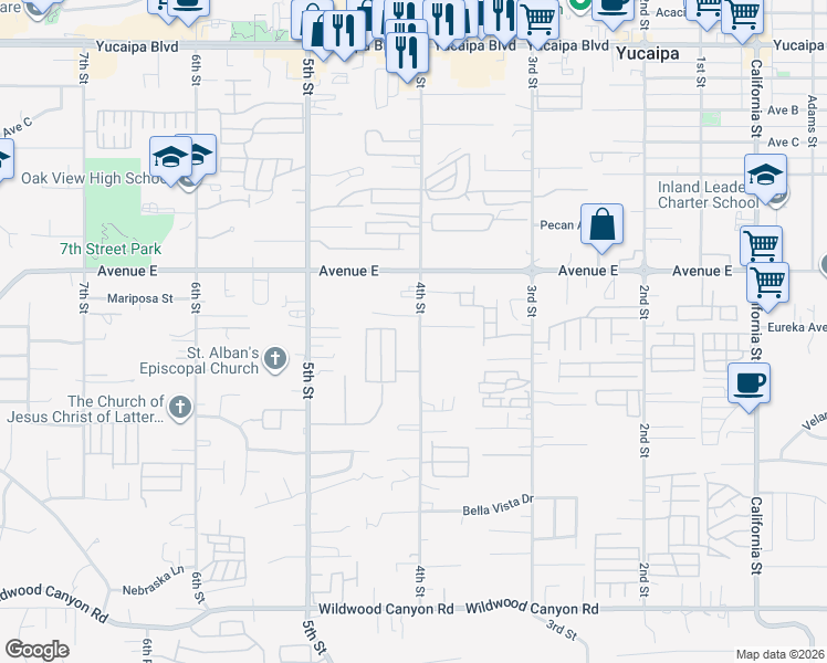 map of restaurants, bars, coffee shops, grocery stores, and more near 12614 4th Street in Yucaipa