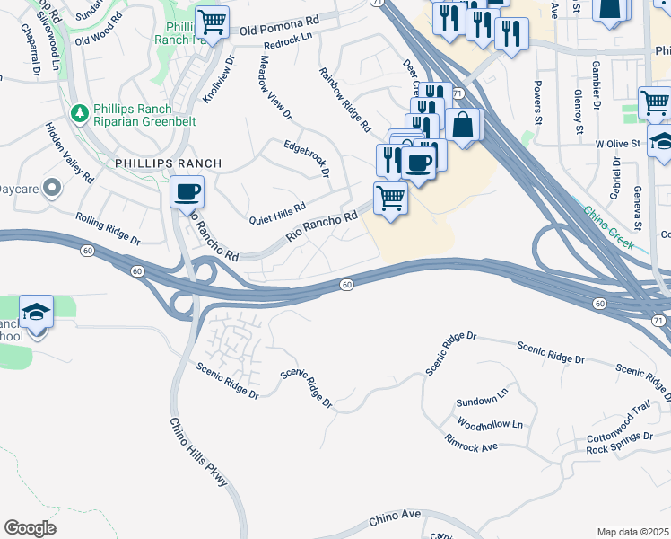 map of restaurants, bars, coffee shops, grocery stores, and more near 73 Country Mile Road in Pomona