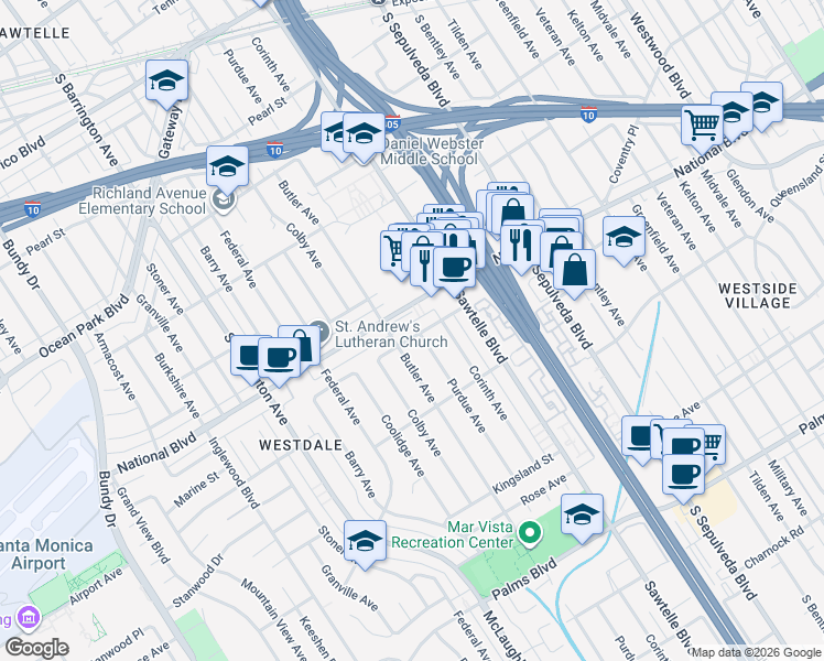 map of restaurants, bars, coffee shops, grocery stores, and more near 11401 Clover Avenue in Los Angeles
