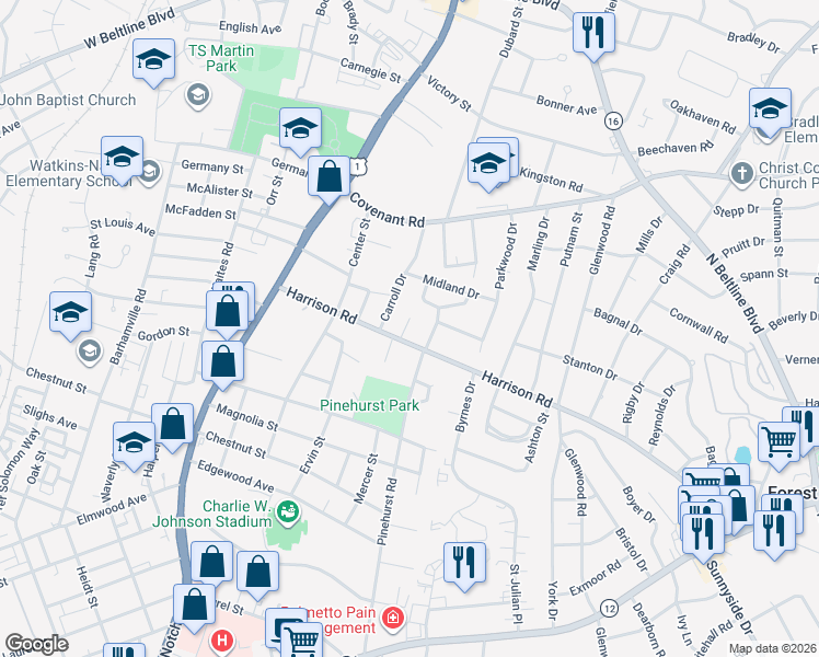 map of restaurants, bars, coffee shops, grocery stores, and more near 8 Pinecrest Court in Columbia