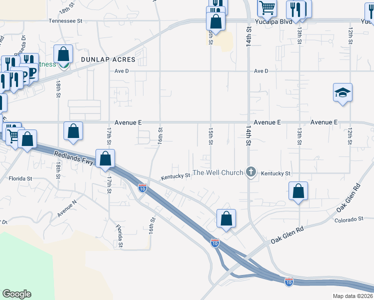 map of restaurants, bars, coffee shops, grocery stores, and more near 12610 Serrano Drive in Yucaipa
