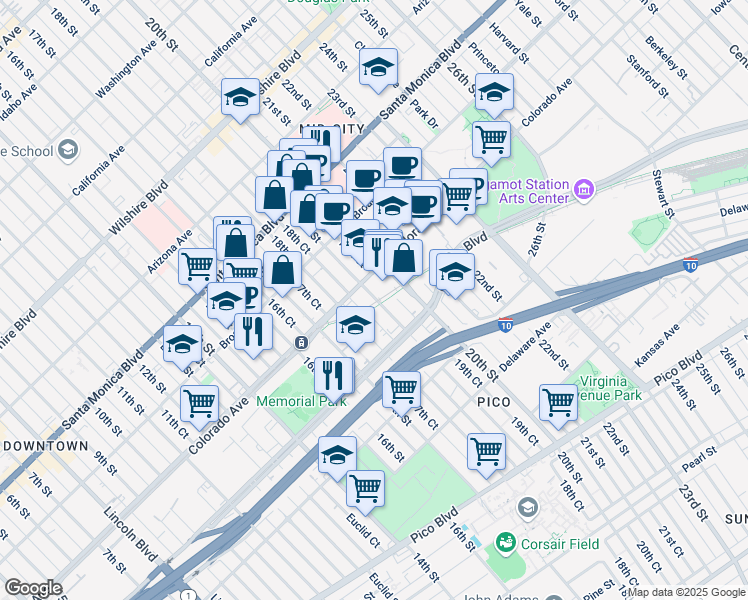 map of restaurants, bars, coffee shops, grocery stores, and more near 1636 19th Street in Santa Monica