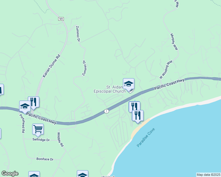 map of restaurants, bars, coffee shops, grocery stores, and more near 6246 Ramirez Mesa Drive in Malibu