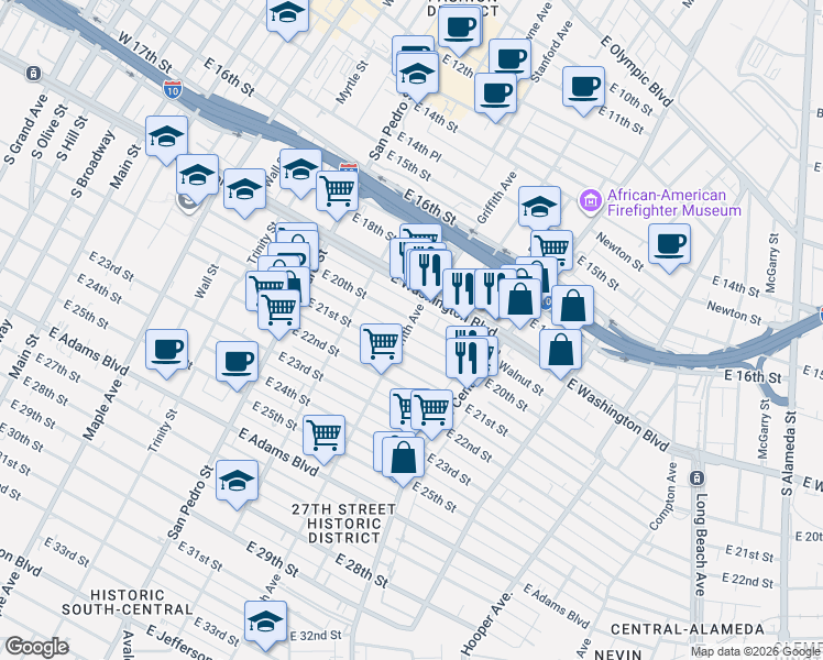 map of restaurants, bars, coffee shops, grocery stores, and more near 1114 East 20th Street in Los Angeles