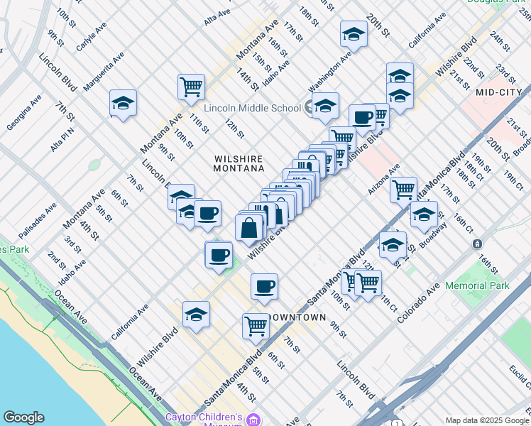 map of restaurants, bars, coffee shops, grocery stores, and more near 1127 10th Street in Santa Monica