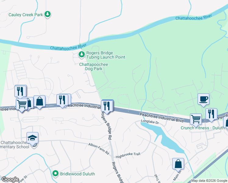 map of restaurants, bars, coffee shops, grocery stores, and more near 2508 Summit Cove Drive in Duluth