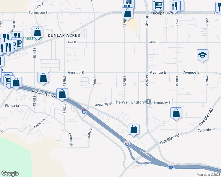map of restaurants, bars, coffee shops, grocery stores, and more near 12610 Serrano Drive in Yucaipa