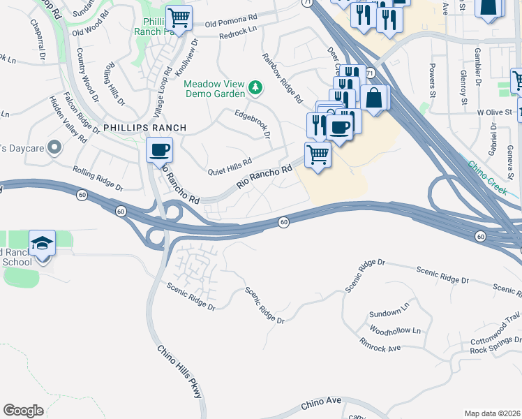 map of restaurants, bars, coffee shops, grocery stores, and more near 18 Town and Country Road in Pomona