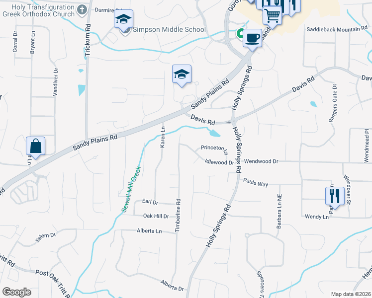 map of restaurants, bars, coffee shops, grocery stores, and more near 2710 Idlewood Drive in Marietta