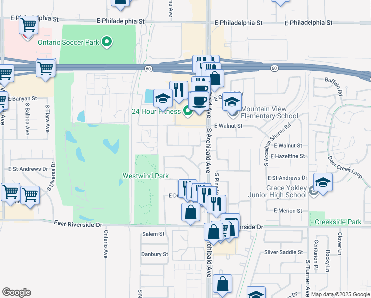 map of restaurants, bars, coffee shops, grocery stores, and more near 2551 East Canterbury Trail in Ontario