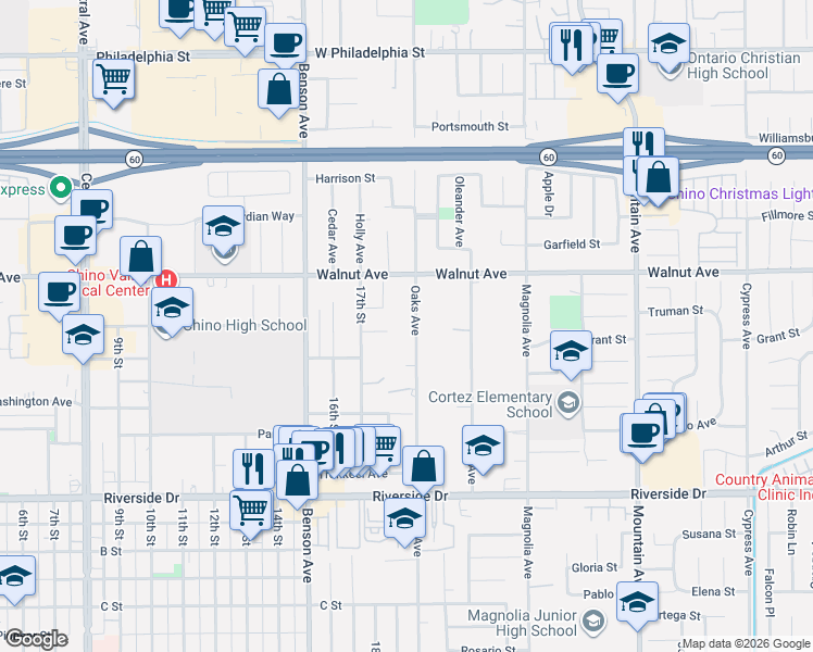 map of restaurants, bars, coffee shops, grocery stores, and more near 12606 Oaks Avenue in Chino