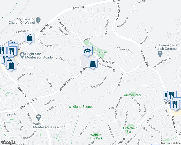 map of restaurants, bars, coffee shops, grocery stores, and more near 655 Galloping Colt Circle in Walnut