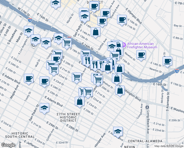 map of restaurants, bars, coffee shops, grocery stores, and more near 1215 East 20th Street in Los Angeles