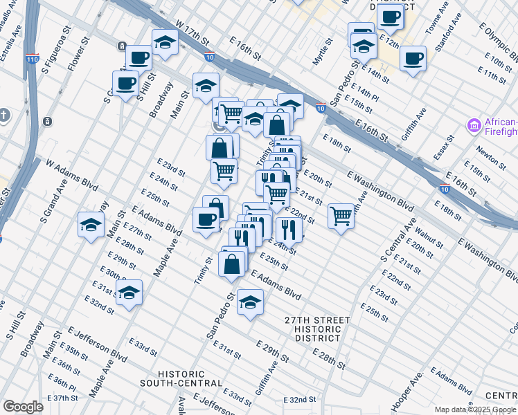 map of restaurants, bars, coffee shops, grocery stores, and more near 2225 San Pedro Street in Los Angeles