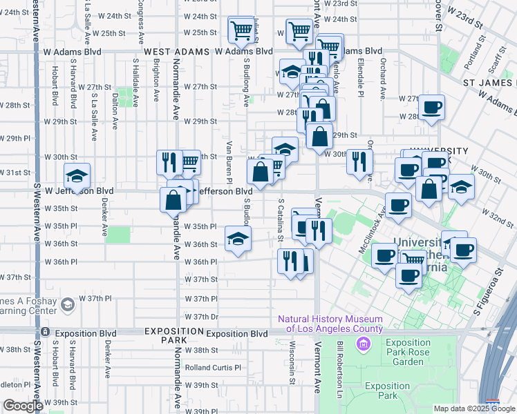 map of restaurants, bars, coffee shops, grocery stores, and more near 3430 Walton Avenue in Los Angeles