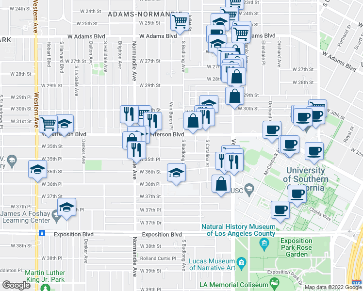 map of restaurants, bars, coffee shops, grocery stores, and more near 3505 Budlong Avenue in Los Angeles