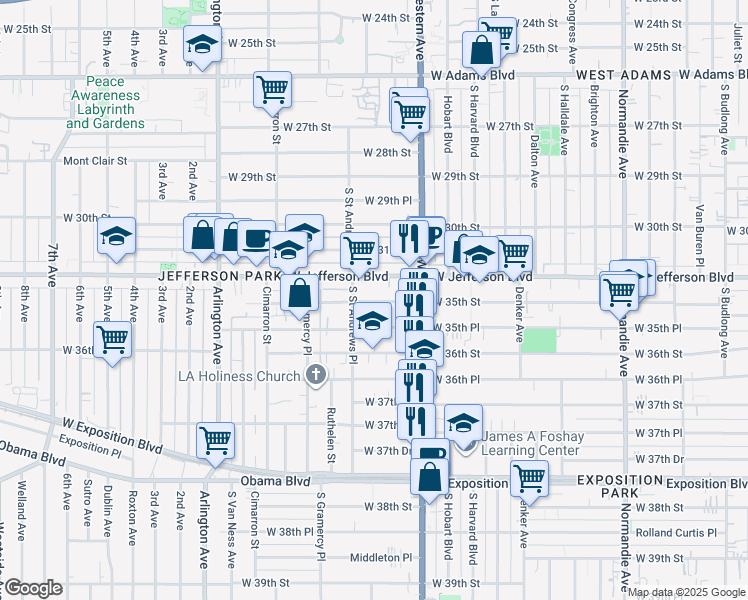 map of restaurants, bars, coffee shops, grocery stores, and more near 1766 West 35th Street in Los Angeles