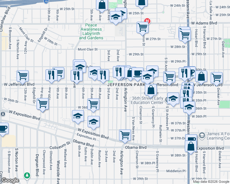 map of restaurants, bars, coffee shops, grocery stores, and more near 3434 2nd Avenue in Los Angeles