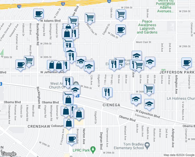 map of restaurants, bars, coffee shops, grocery stores, and more near 3446 Edgehill Drive in Los Angeles