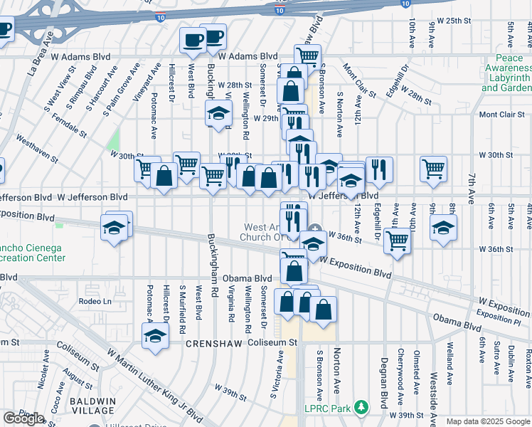 map of restaurants, bars, coffee shops, grocery stores, and more near 3507 South Victoria Avenue in Los Angeles
